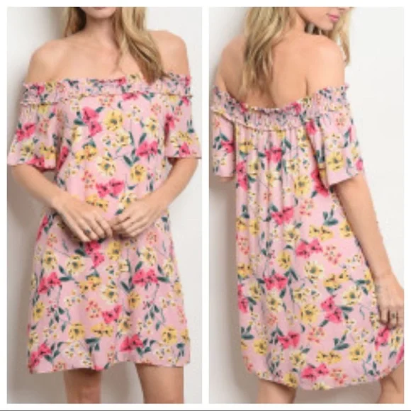 Pink Floral Off the Shoulder Dress - Picture 1 of 1